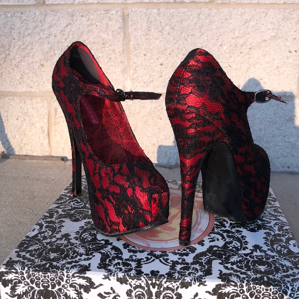 Bordello red lace heel shoes.